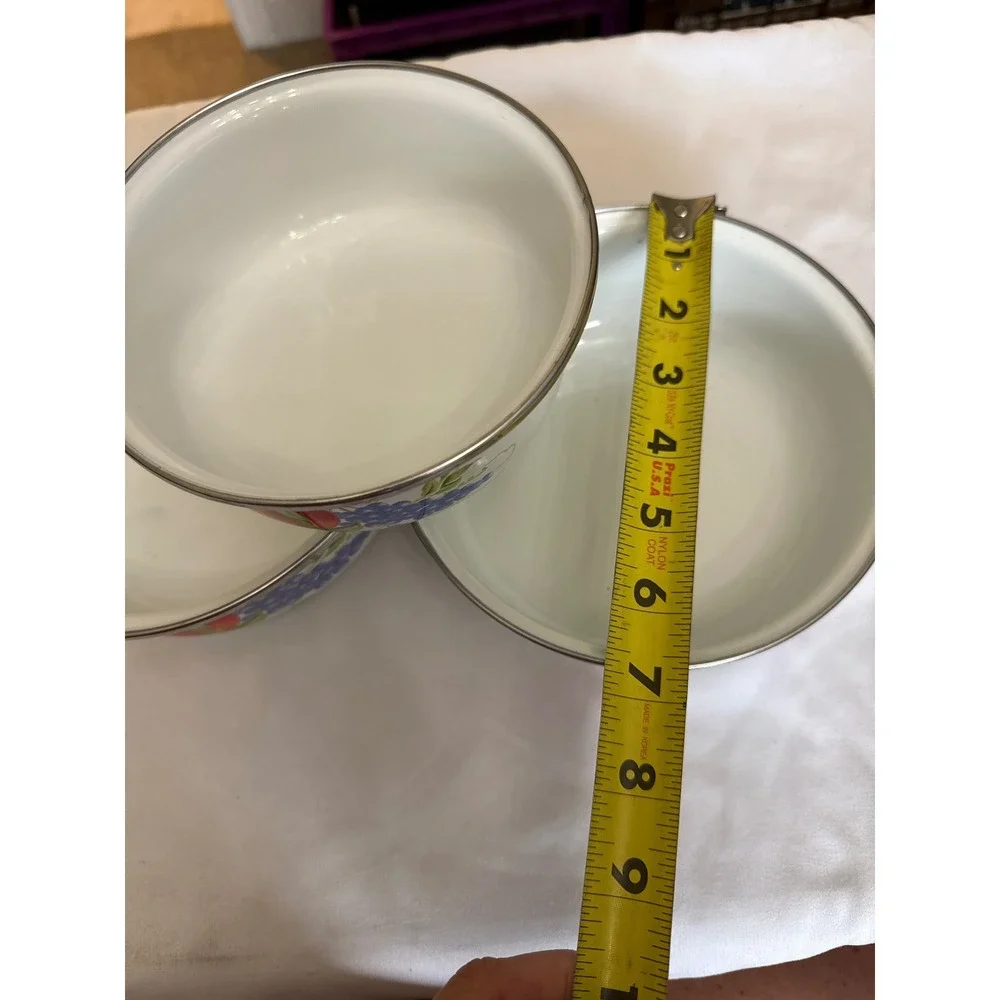 Vintage Style Enamelware Fruit Nesting Bowls Set of 3 with 1 Lid Apple Grapes